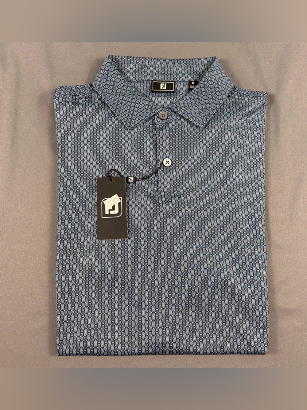 FootJoy Golf Shirt Polo Sleeve Logo Bracket Print Small Blue Polyester MSRP $95